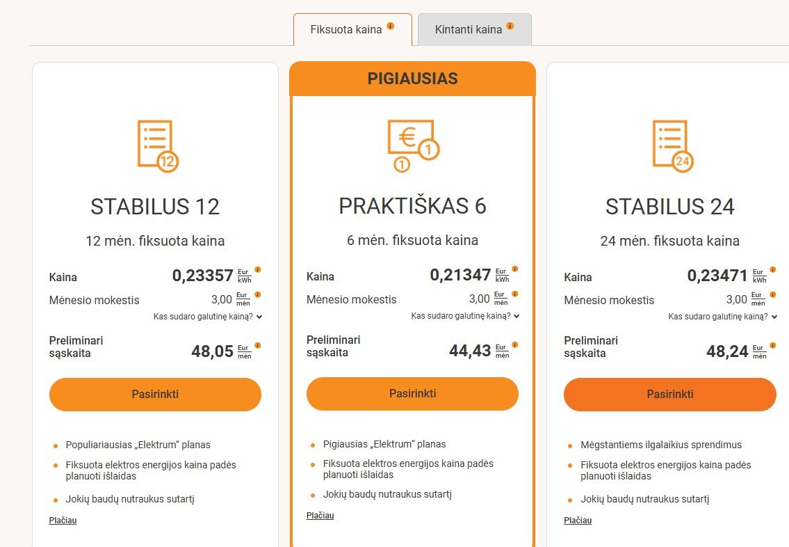 Elektrum elektros kainos tarifai